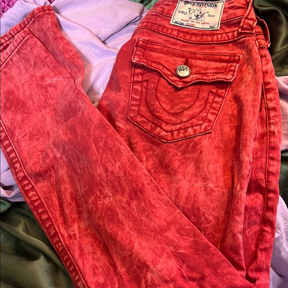 True Religion Red Acid Wash legging Jeans